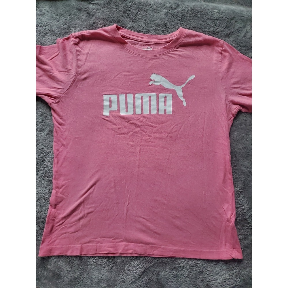 Puma T-Shirt Top Women's Large Pink Solid Cotton Logo Round Neck Short Sleeves